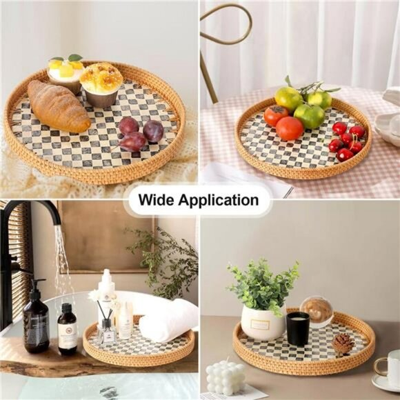 Round Rattan Tray Black Mother of Pearl Inlay Coffee Table Kitchen Decor - Picture 2 of 7